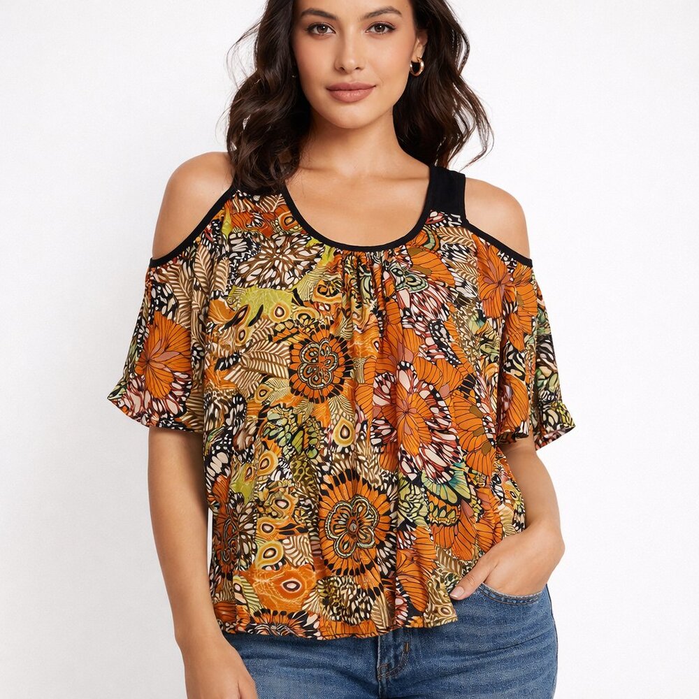 Fifteen Twenty 100% Silk Flowy Batwing Floral Blouse Sz XS Butterfly African